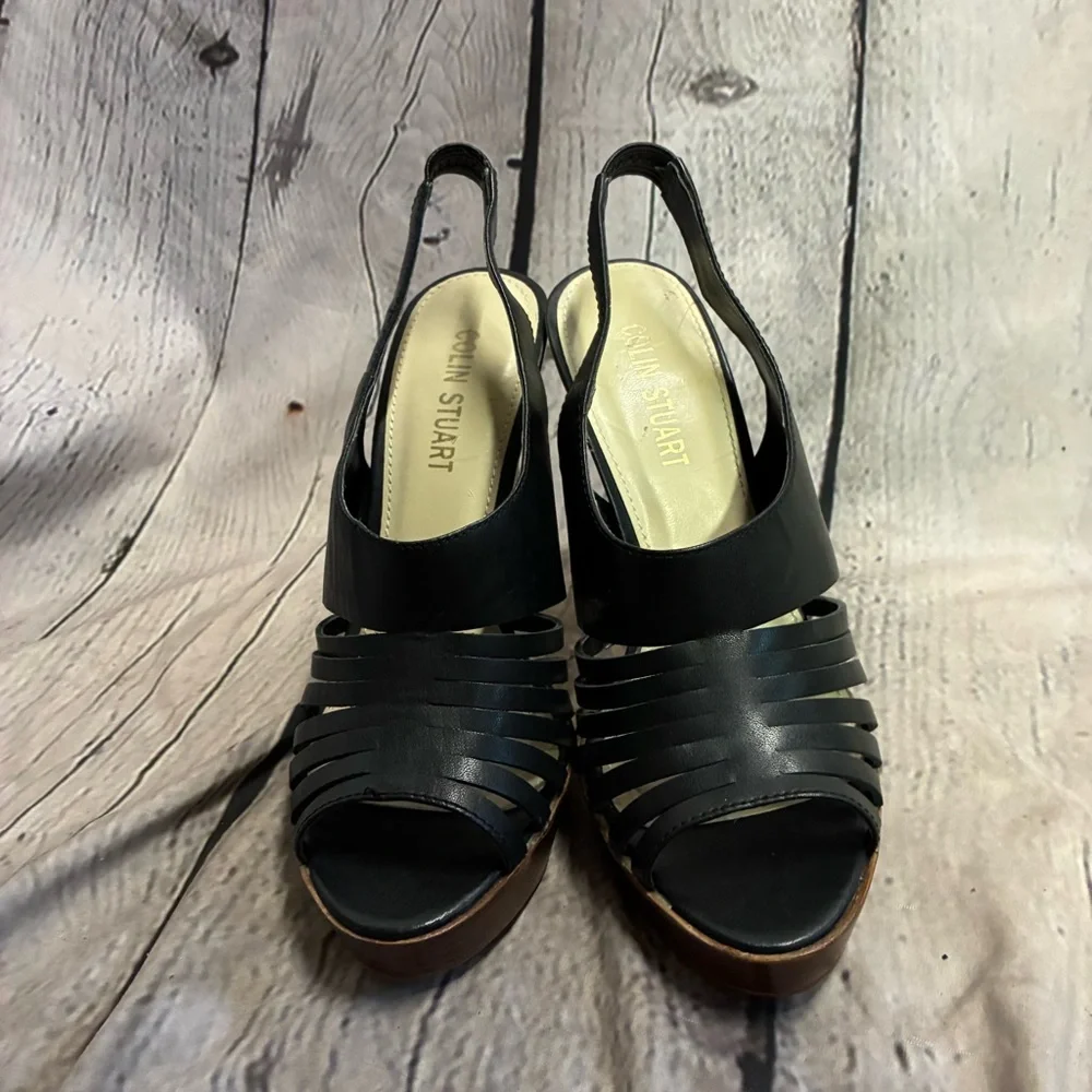 Black Caged Boho Chic Strappy Platform Slingback Faux Wood Block Heel Sandals 9
